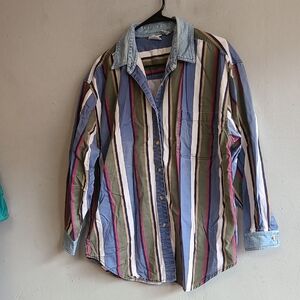 Men's large vintage cotton long sleeve shirt denim trim blue green striped